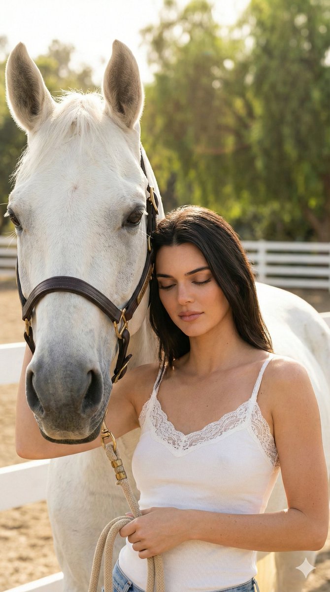 Fashion editorial of a woman embracing a white horse at golden hour — Nano Banana Pro AI Generated Image