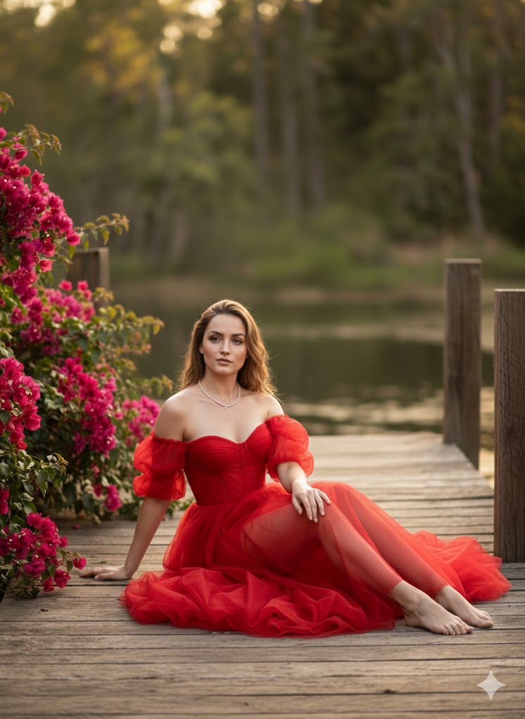 Cinematic fine-art photo of Ana de Armas in a red gala dress — Nano Banana Pro AI Generated Image