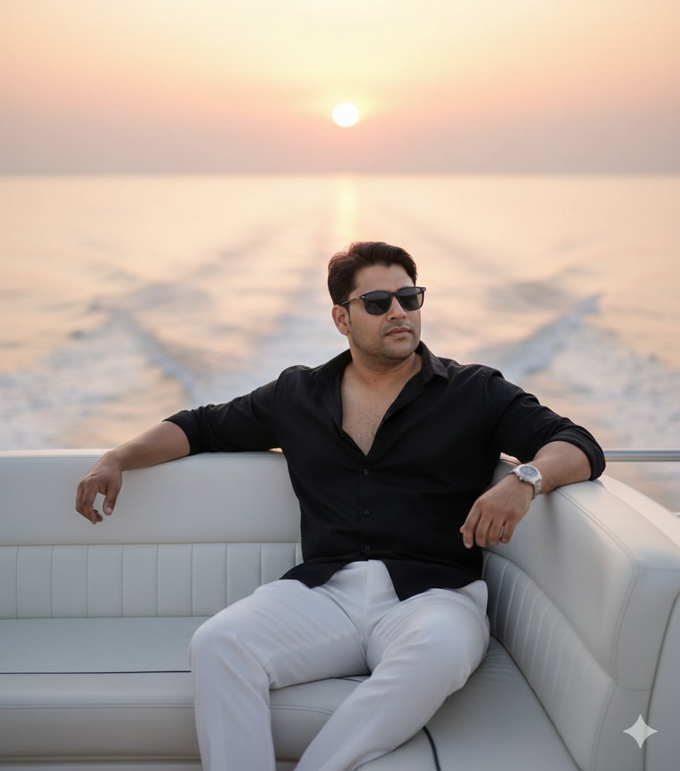 Ultra-realistic cinematic portrait on a luxury yacht at sunset — Nano Banana Pro AI Generated Image