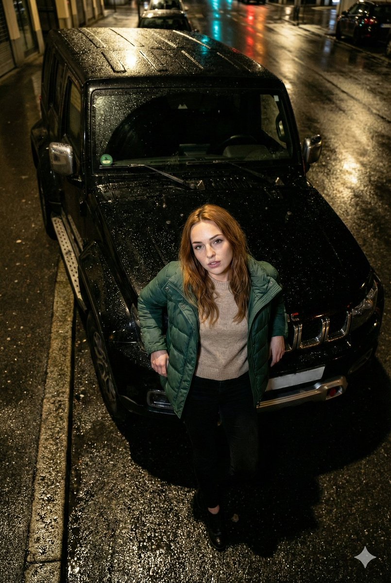 High-Angle Flash Photo on SUV Hood at Night — Nano Banana Pro AI Generated Image