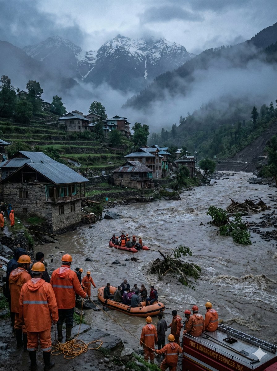 Dramatic Cinematic Kashmir Mountain Flood Rescue Scene — Nano Banana Pro AI Generated Image