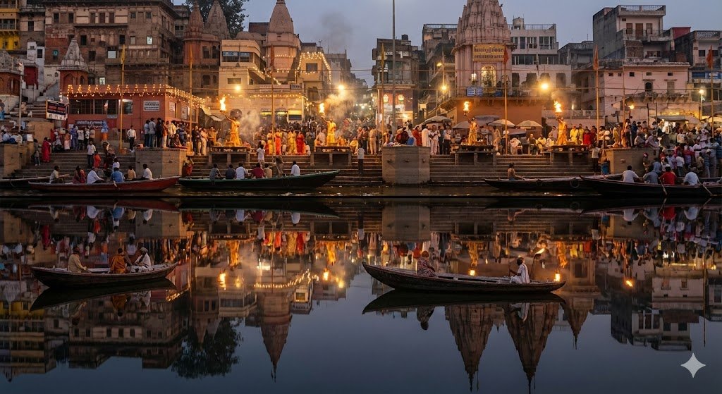 Varanasi ghats dual-timeline reflection scene — Nano Banana Pro AI Generated Image