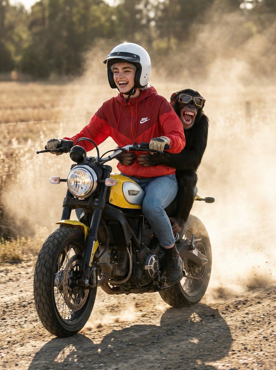 Cinematic Action Photo and Video Prompt (Woman and Chimpanzee on Motorcycle) — Nano Banana Pro AI Generated Image