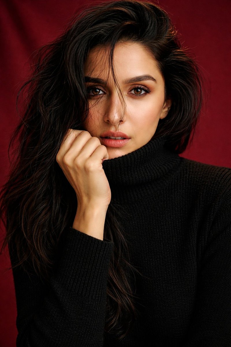 Shraddha Kapoor Black Turtleneck Studio Portrait Prompt — Nano Banana Pro AI Generated Image