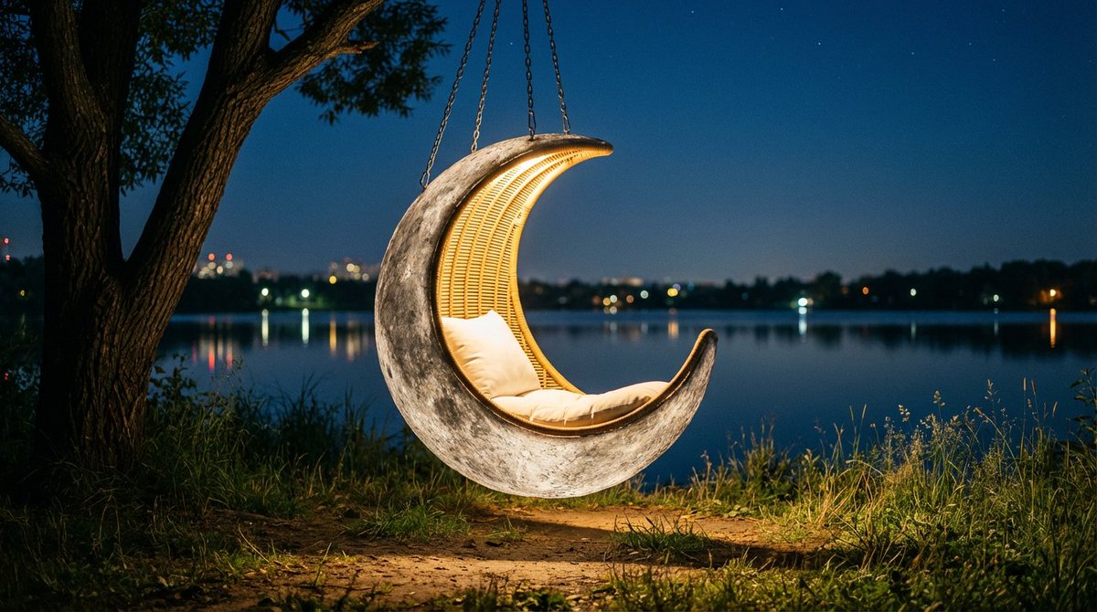 Cinematic lakeside hanging chair concept prompt with space object theme — Nano Banana Pro AI Generated Image