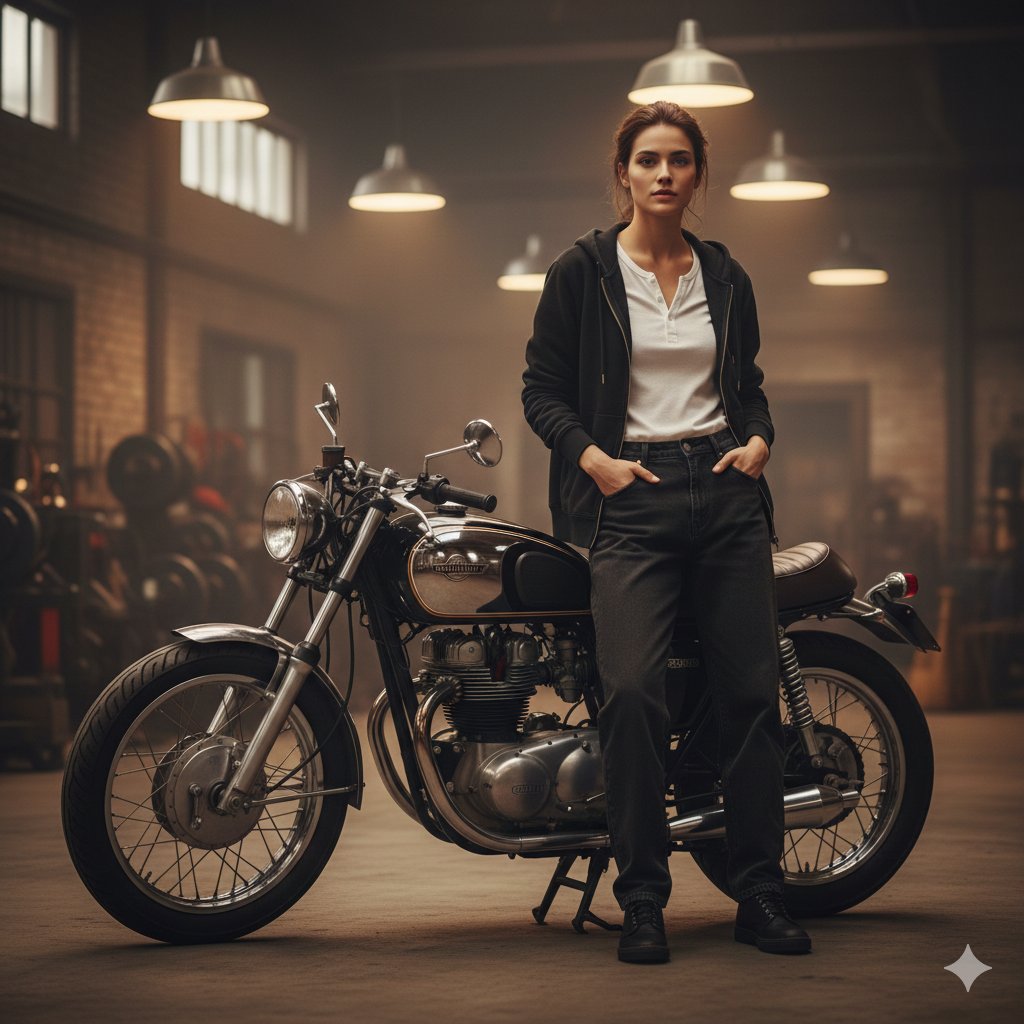 Cinematic Medium Shot of Woman on Cafe Racer — Nano Banana Pro AI Generated Image