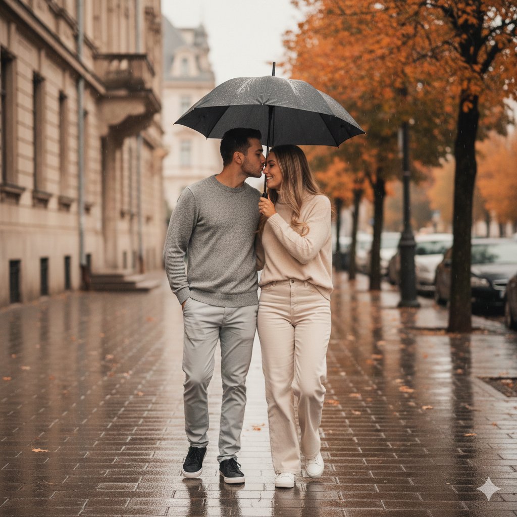Romantic Rainy Autumn Couple Portrait — Nano Banana Pro AI Generated Image