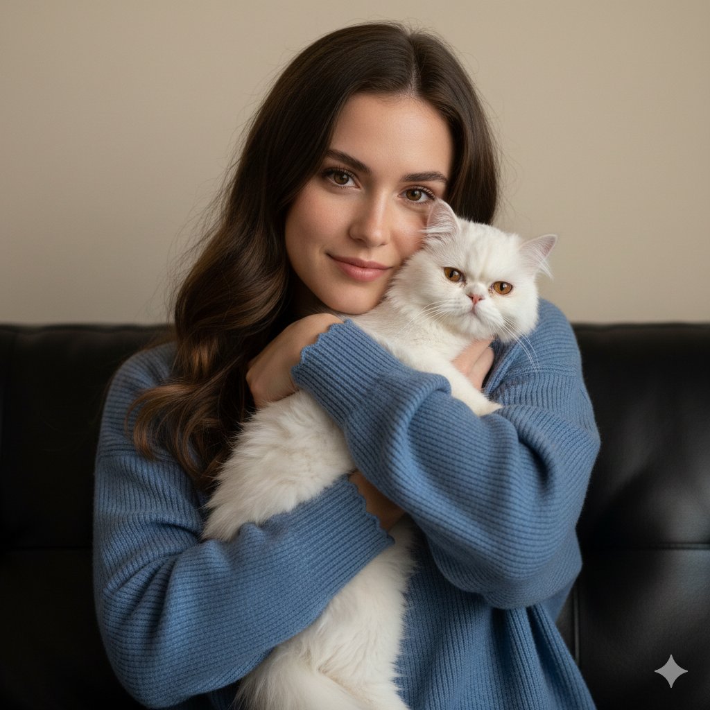 Ultra-Realistic Portrait of Woman Hugging a Persian Cat — Nano Banana Pro AI Generated Image