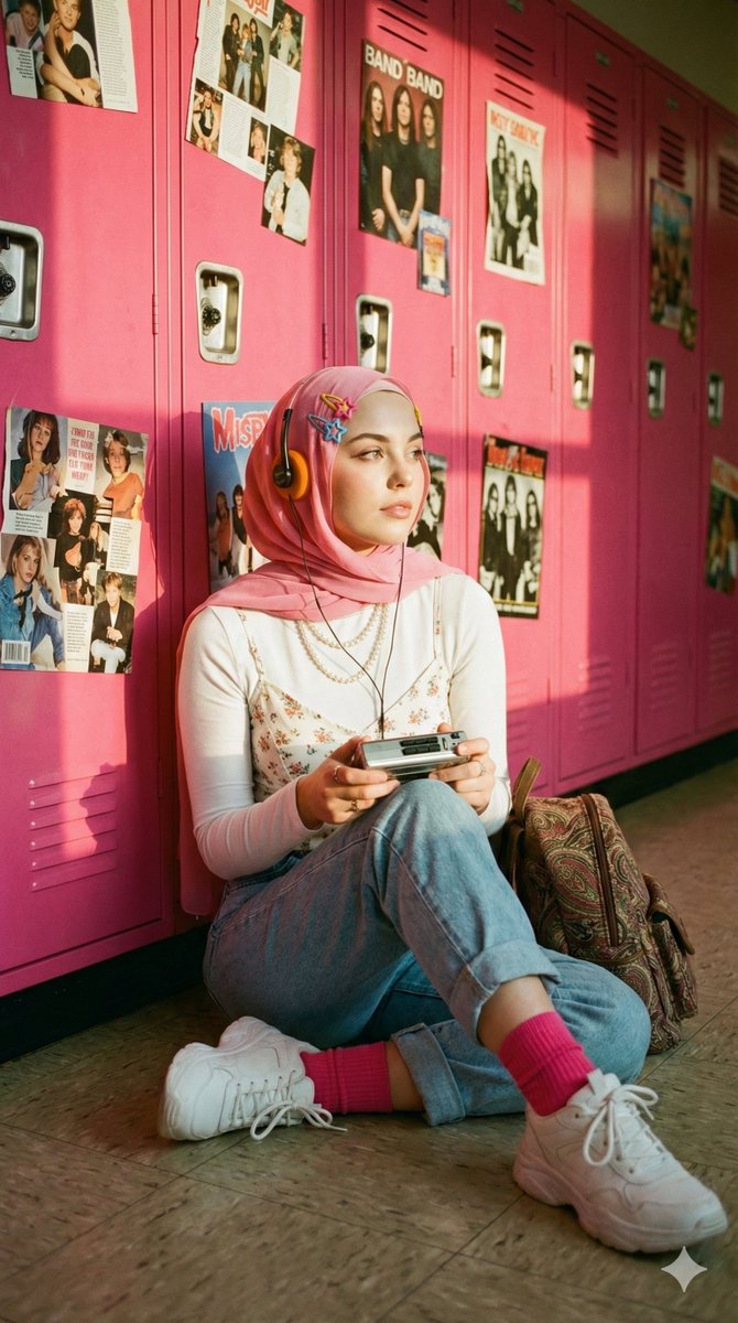 Cinematic Y2K Portrait of a Hijab Woman with a Cassette Player — Nano Banana Pro AI Generated Image