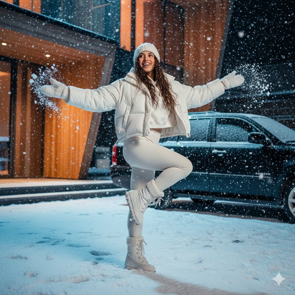 Cinematic Fashion Photo of a Woman Dancing in Heavy Snowfall — Nano Banana Pro AI Generated Image