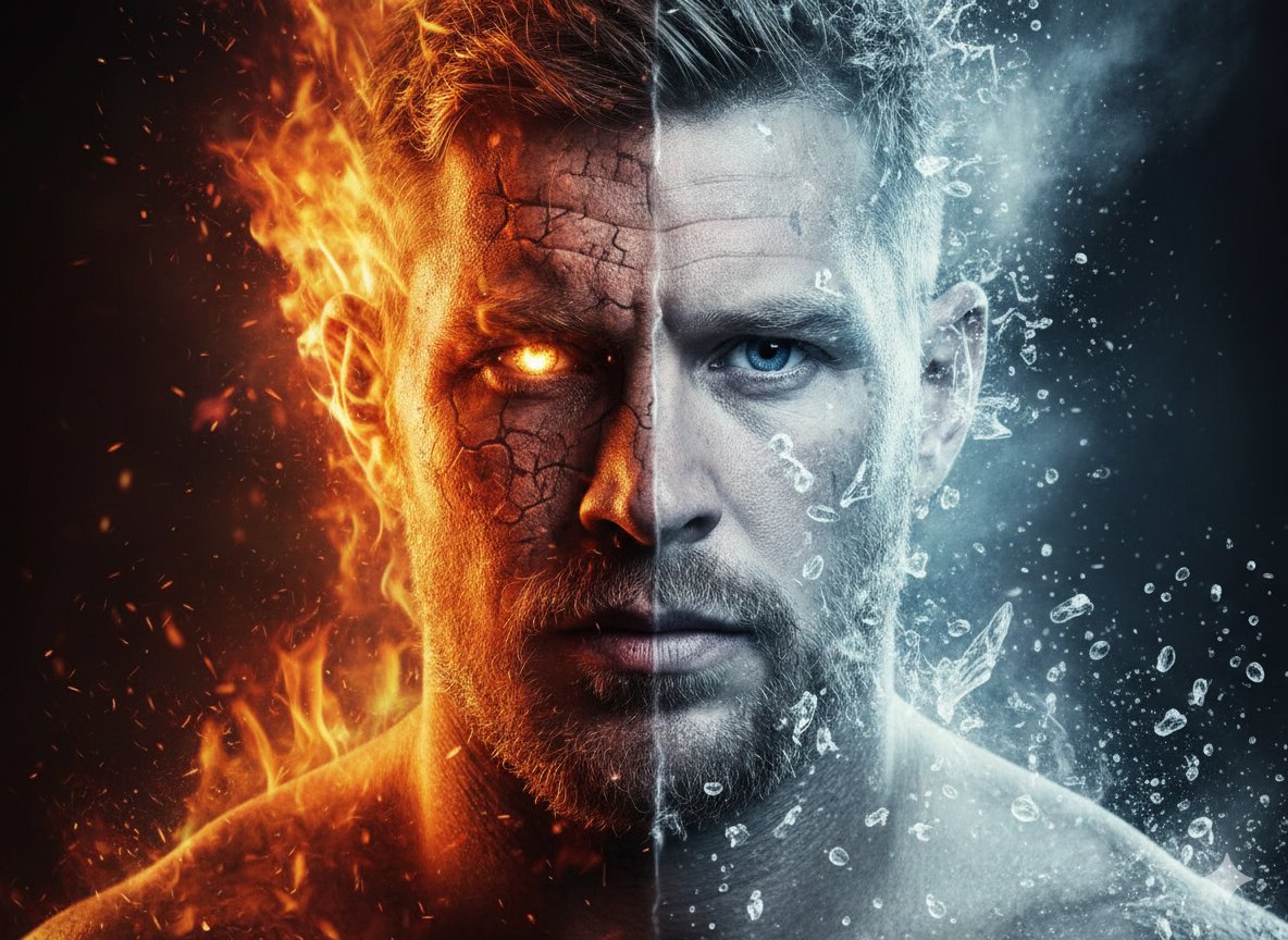 Hyperrealistic Portrait Split by Fire and Ice — Nano Banana Pro AI Generated Image