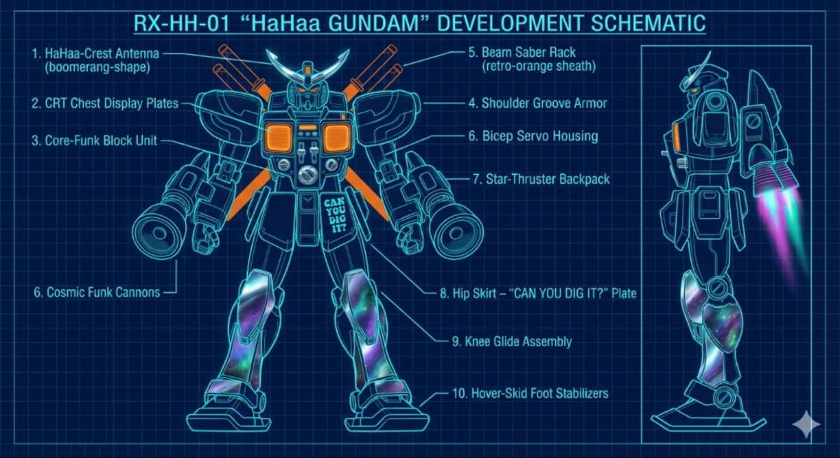 HaHaa Gundam blueprint concept — Nano Banana Pro AI Generated Image