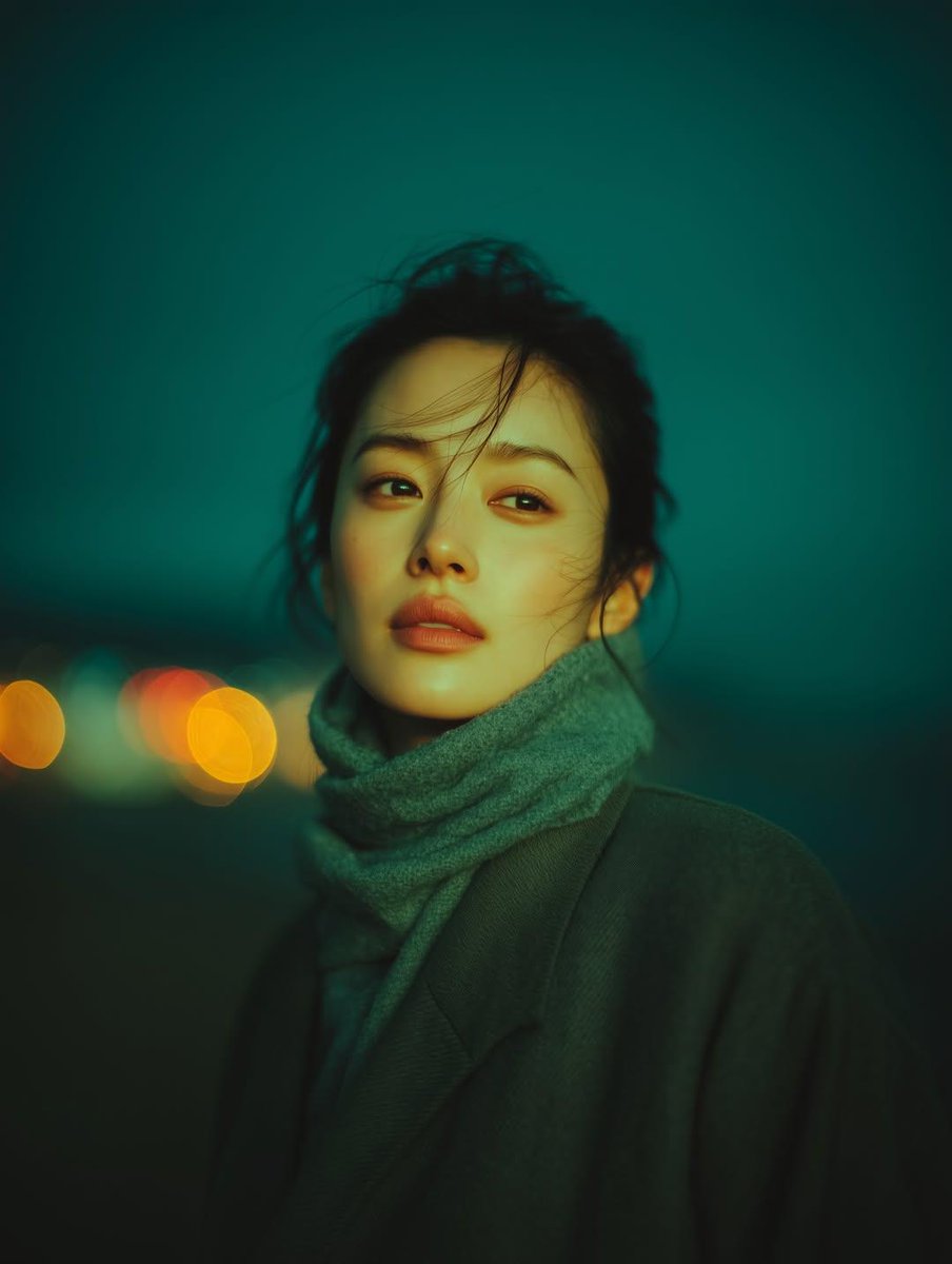 Cinematic Night Portrait with Teal-Green Grading — Nano Banana Pro AI Generated Image