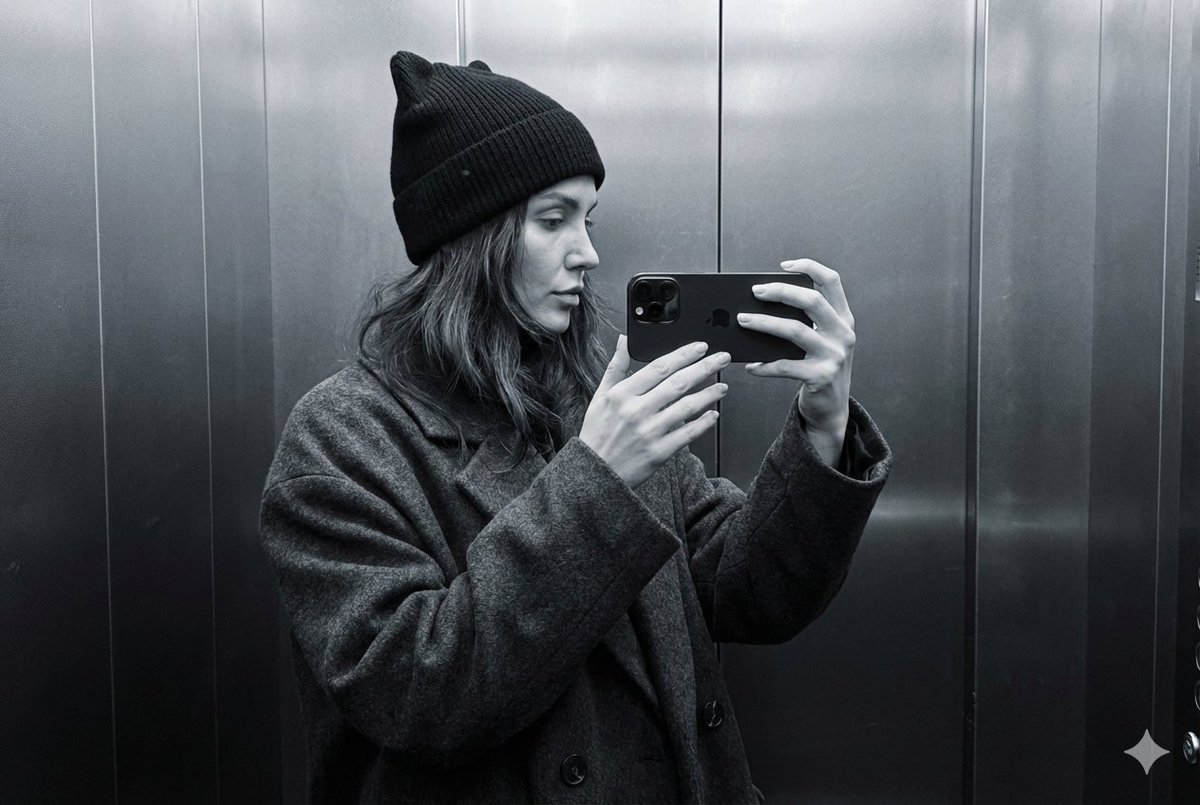 Monochrome Elevator Mirror Selfie with Cat-Ear Hat — Nano Banana Pro AI Generated Image