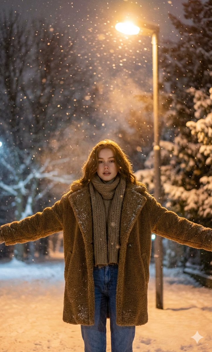 Nighttime Winter Scene with Strict Face Identity Lock — Nano Banana Pro AI Generated Image