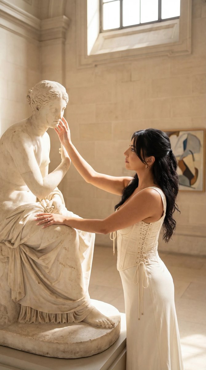 Editorial Portrait in Museum with Classical Statue — Nano Banana Pro AI Generated Image