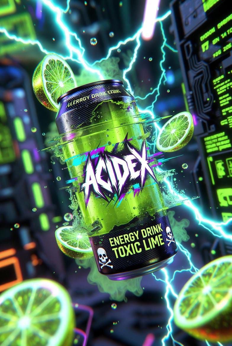 Hyper-Realistic Neon Energy Drink Product Shot Prompt — Nano Banana Pro AI Generated Image