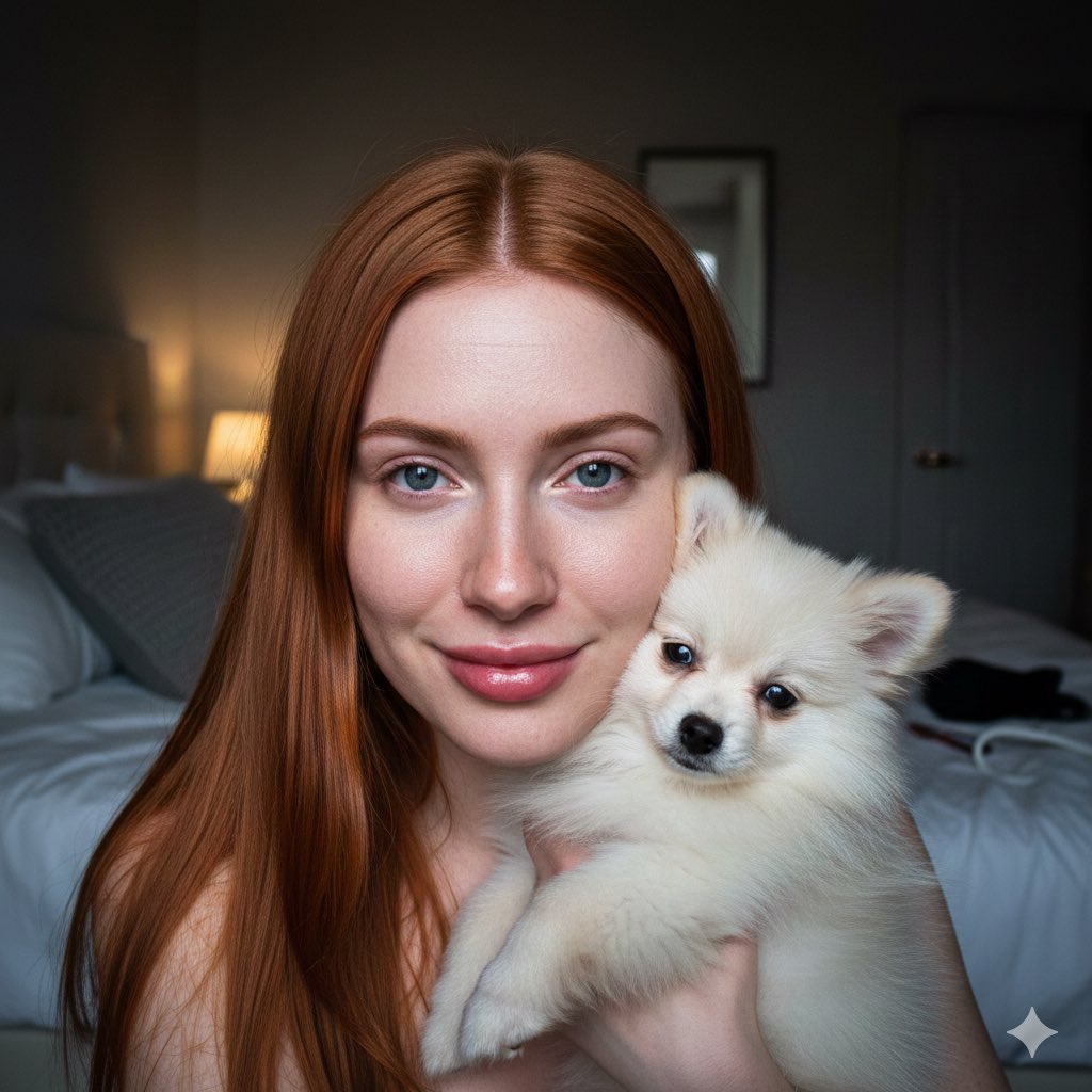 Candid Flash Portrait with Pomeranian Puppy — Nano Banana Pro AI Generated Image