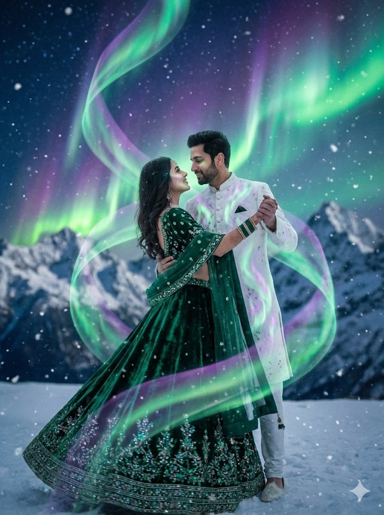 Dreamy Surreal Pre-Wedding Dance under Aurora Borealis — Nano Banana Pro AI Generated Image