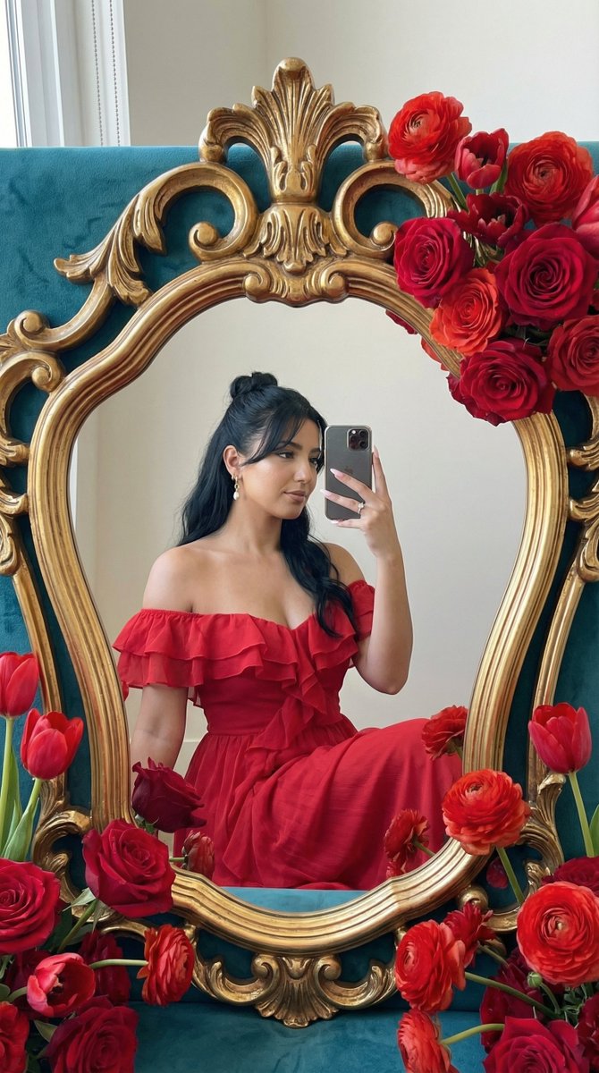 Photoreal Editorial Mirror Selfie with Floral Frame — Nano Banana Pro AI Generated Image