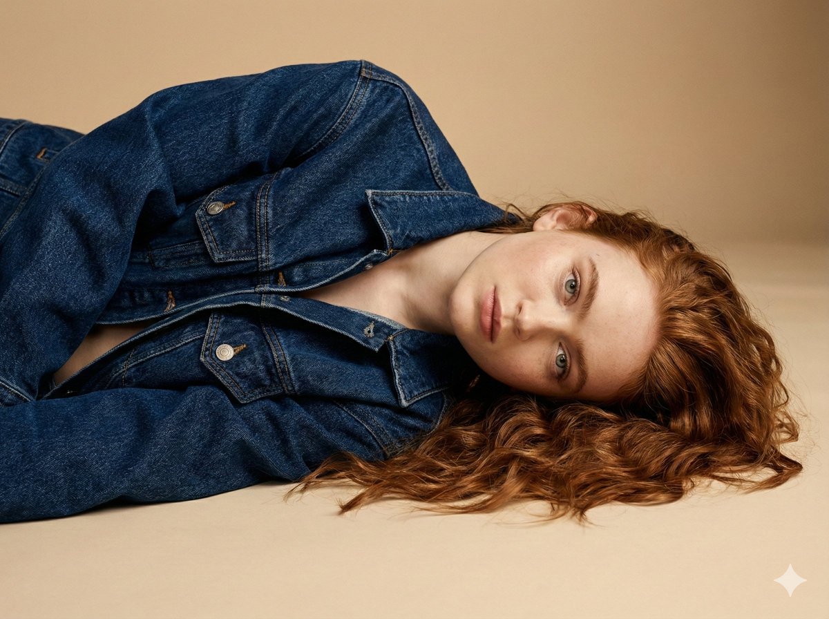 Intimate Denim Editorial Studio Portrait — Nano Banana Pro AI Generated Image