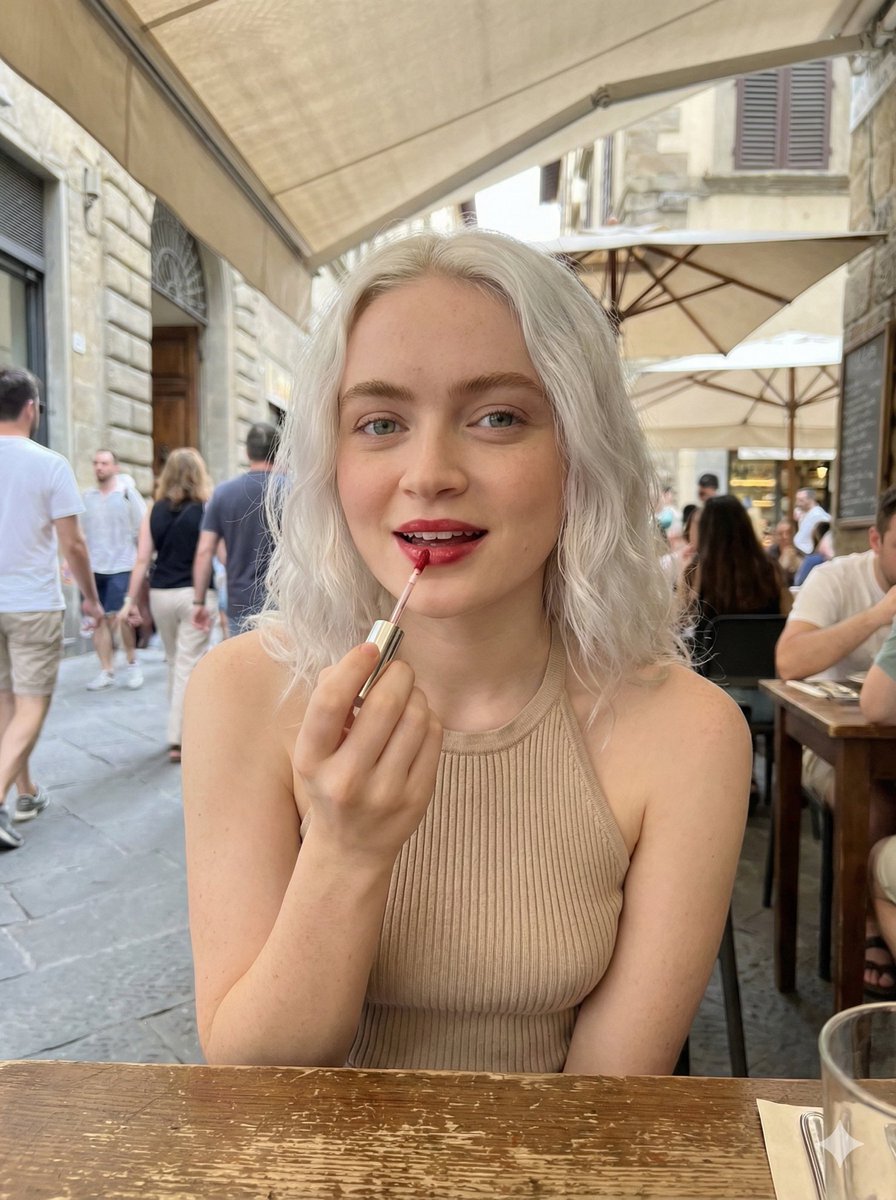 Sadie Sink Outdoor Cafe Beauty Portrait — Nano Banana Pro AI Generated Image