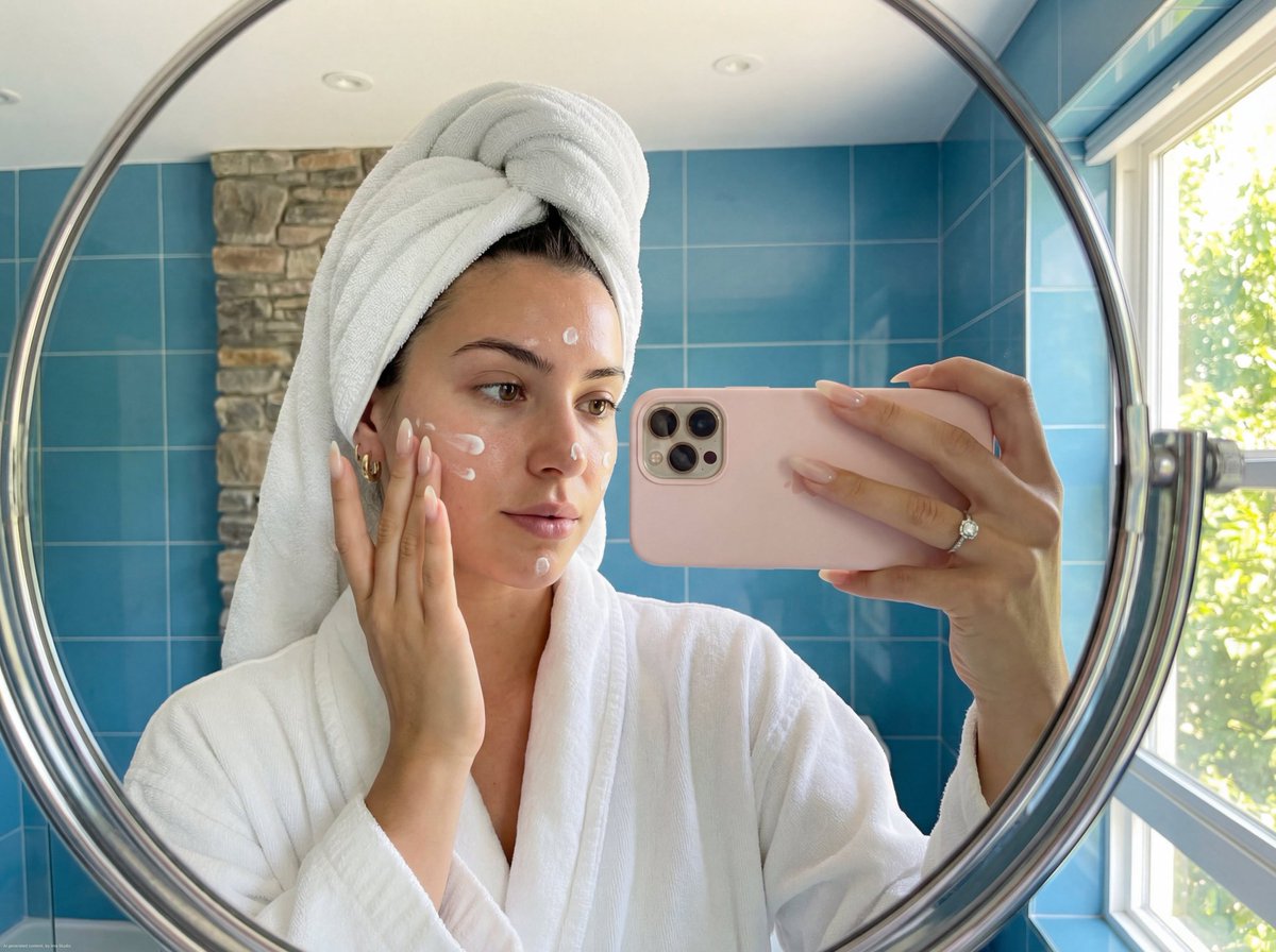 Skincare Mirror Selfie in a Modern Bathroom — Nano Banana Pro AI Generated Image