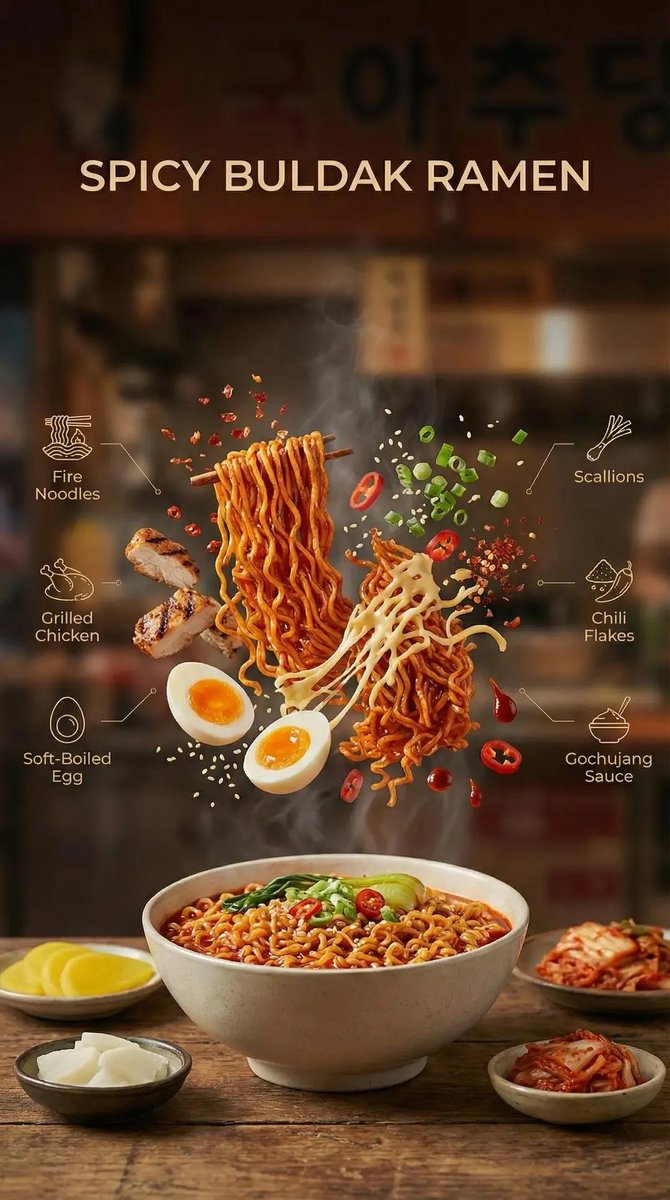 Cinematic Commercial Shot of Deconstructed Buldak Ramen — Nano Banana Pro AI Generated Image