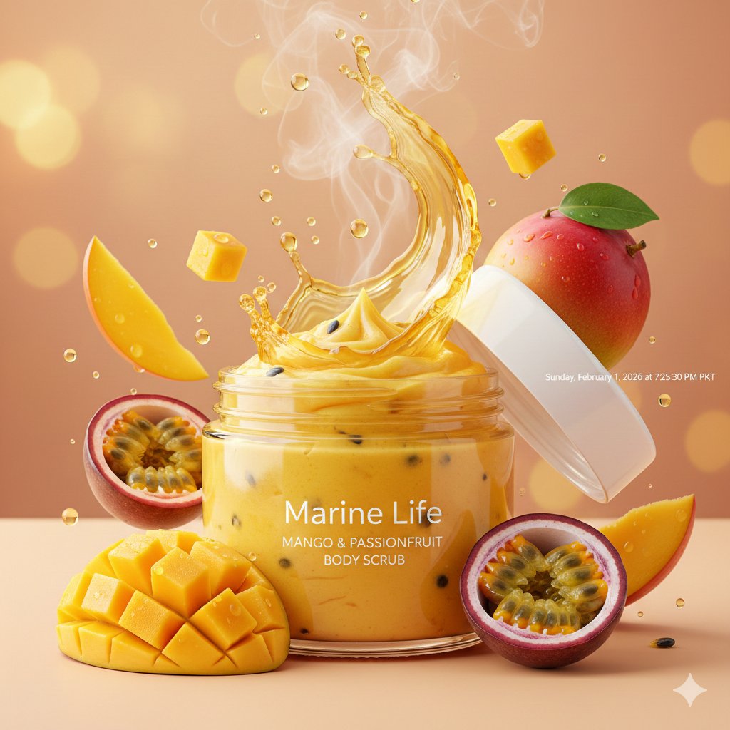 Luxury Mango Body Scrub Product Image and Video Prompts — Nano Banana Pro AI Generated Image