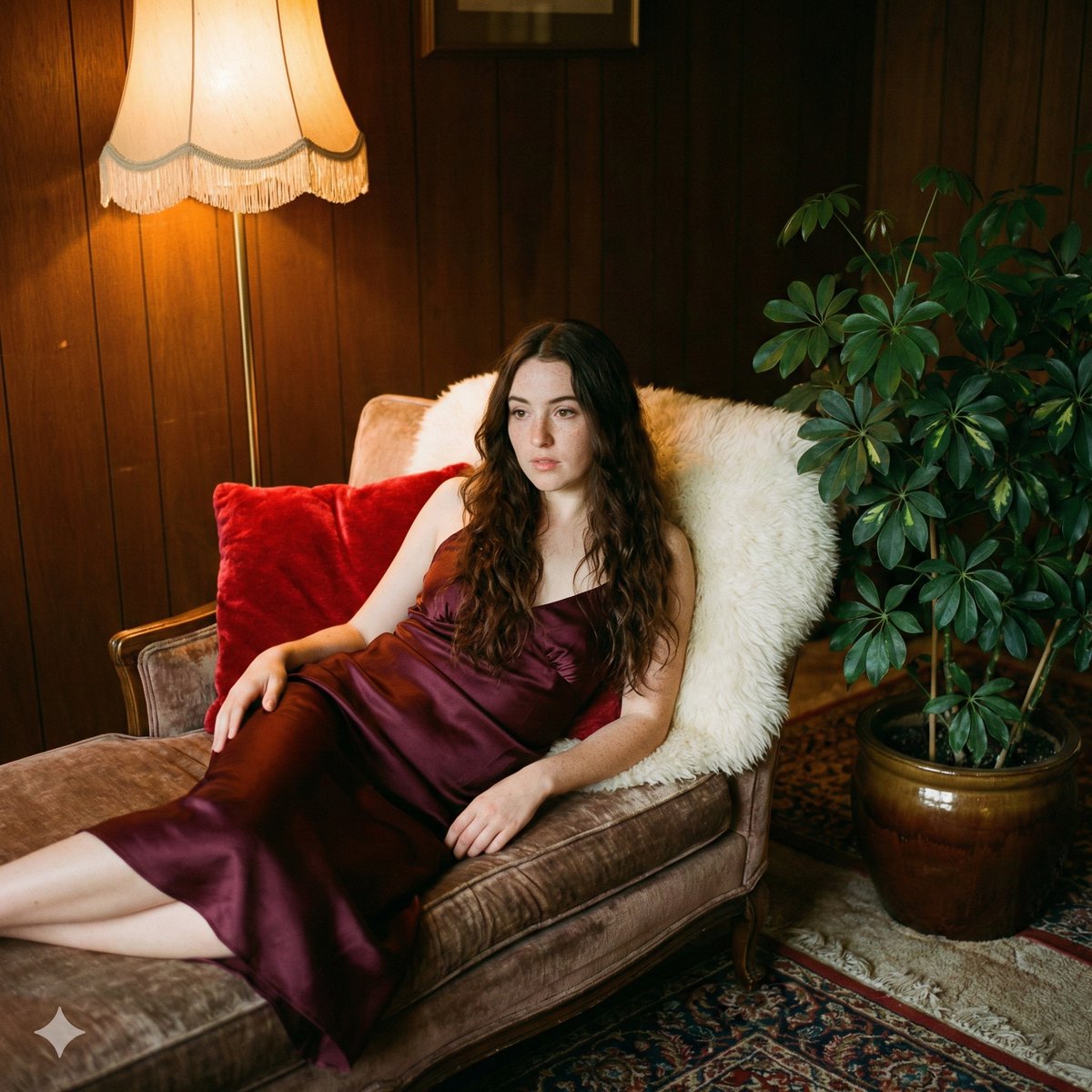 Vintage 70s analog portrait on a velvet sofa — Nano Banana Pro AI Generated Image