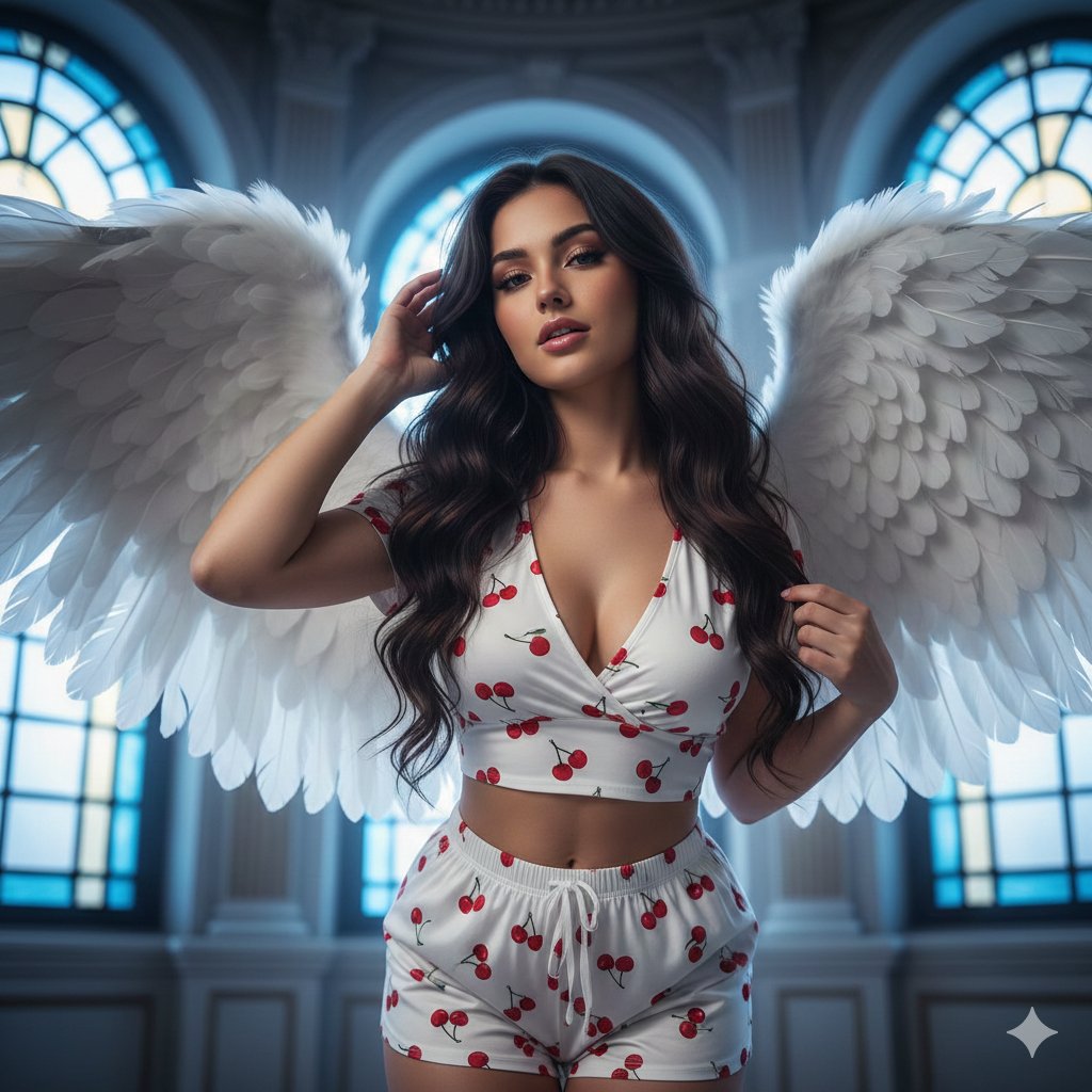 Flirtatious angel warrior portrait with low-angle framing — Nano Banana Pro AI Generated Image