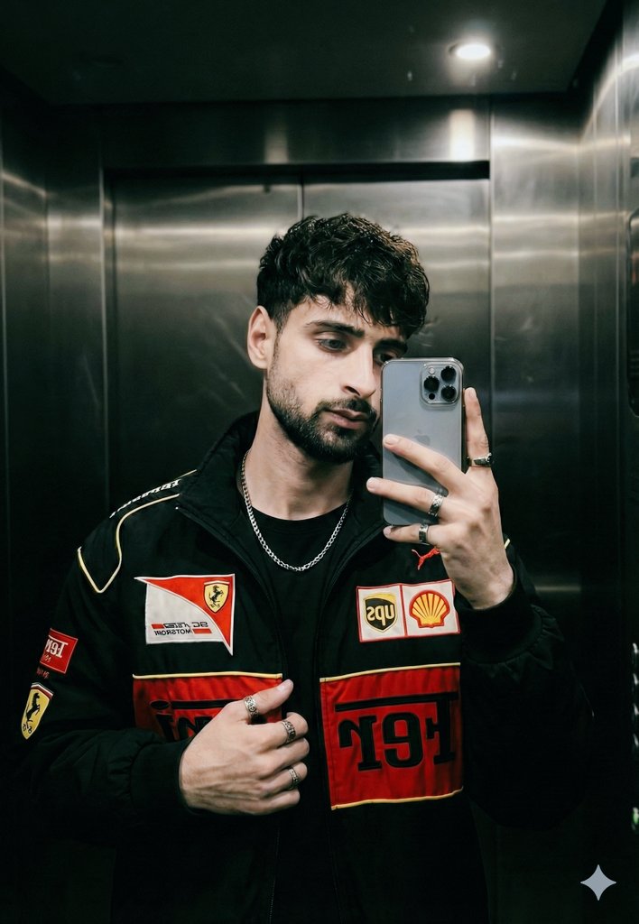 Cinematic mirror selfie in a stainless-steel elevator — Nano Banana Pro AI Generated Image