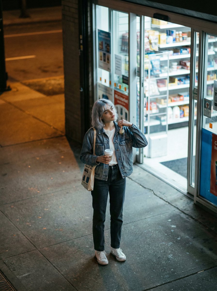 Candid night street fashion photograph with film aesthetic — Nano Banana Pro AI Generated Image