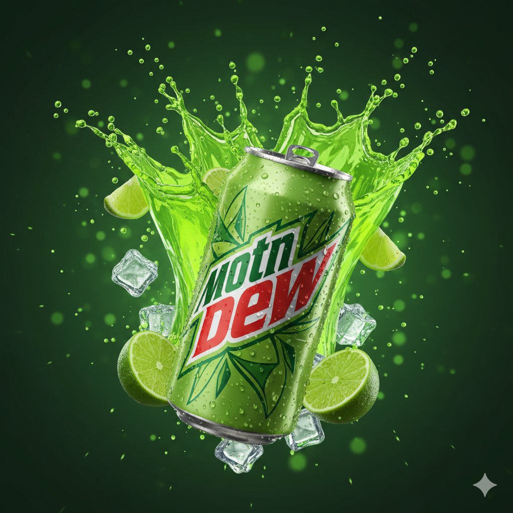 Hyper-Realistic Mountain Dew Can Explosion Product Shot — Nano Banana Pro AI Generated Image