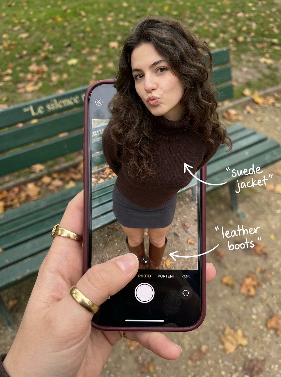 Outfit Pop-Out Phone Illusion Portrait — Nano Banana Pro AI Generated Image