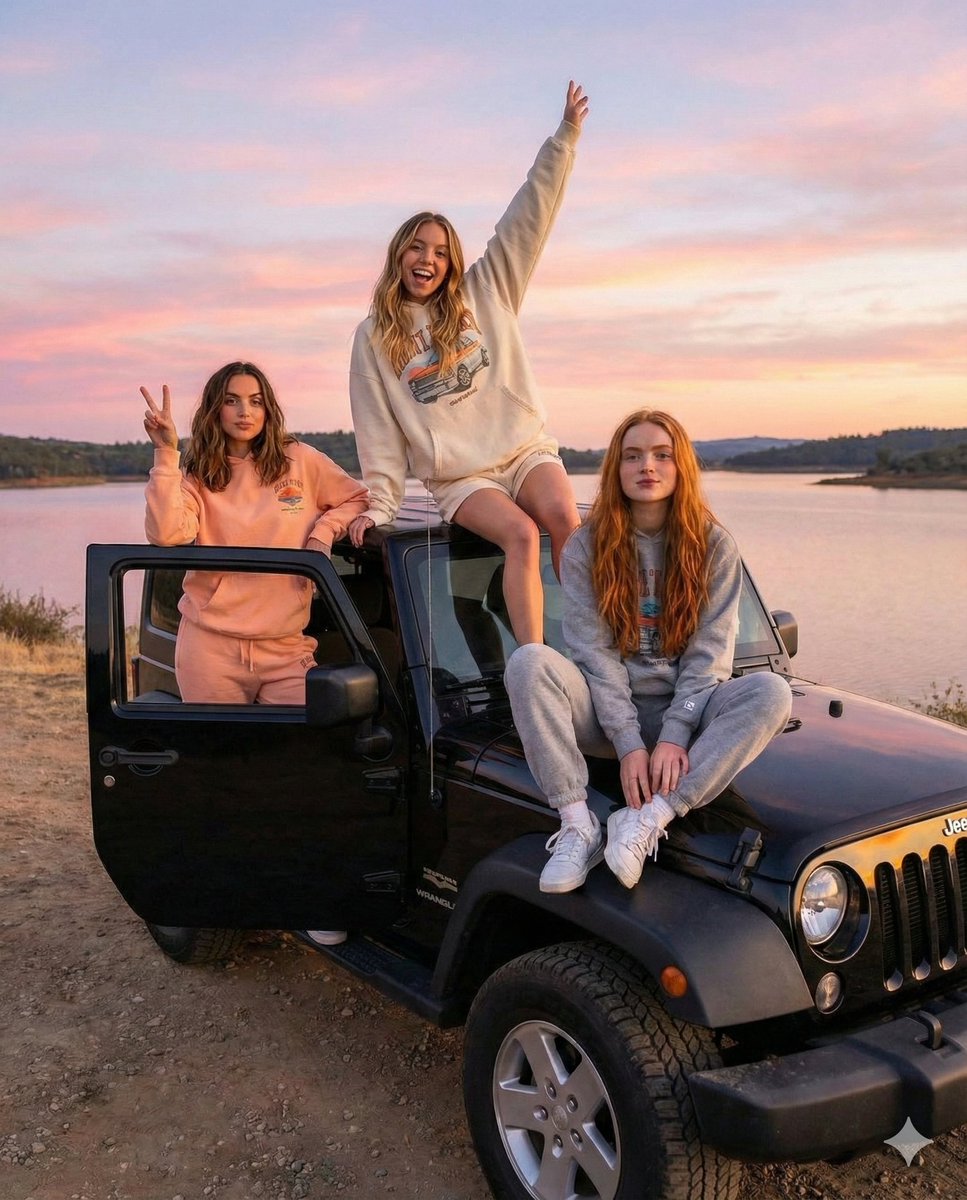 Road Trip Aesthetic with Three Subjects and Jeep — Nano Banana Pro AI Generated Image