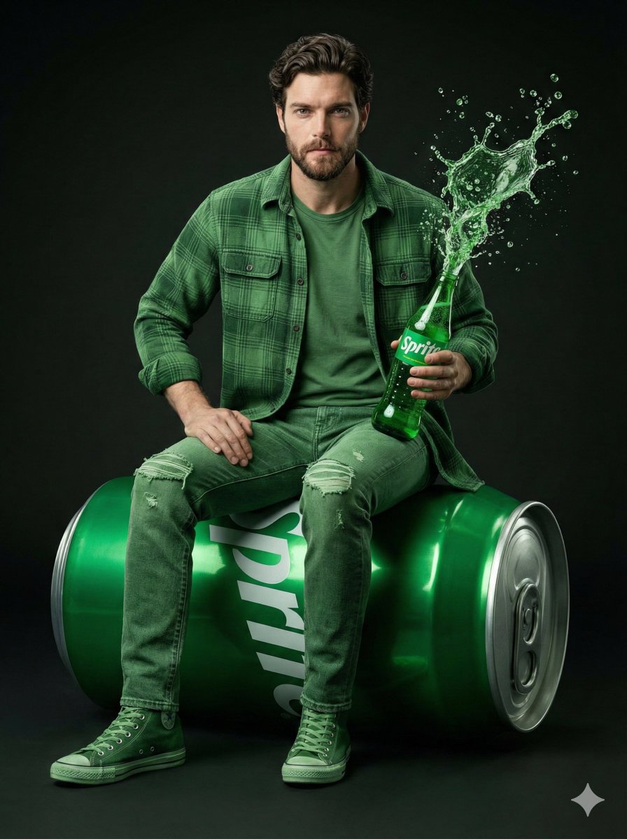 Giant Sprite Can Product Shot with Subject — Nano Banana Pro AI Generated Image