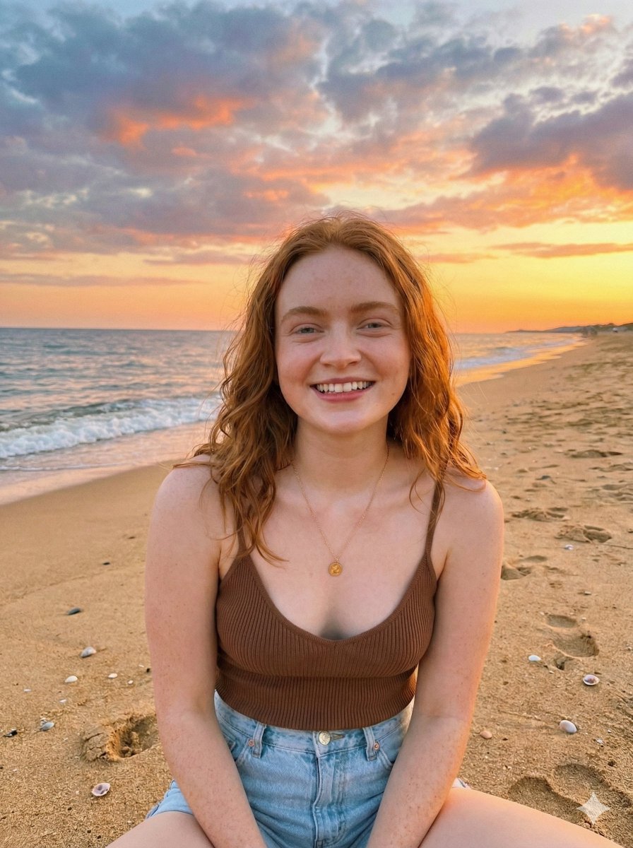 Sadie Sink Beach Sunset Portrait — Nano Banana Pro AI Generated Image