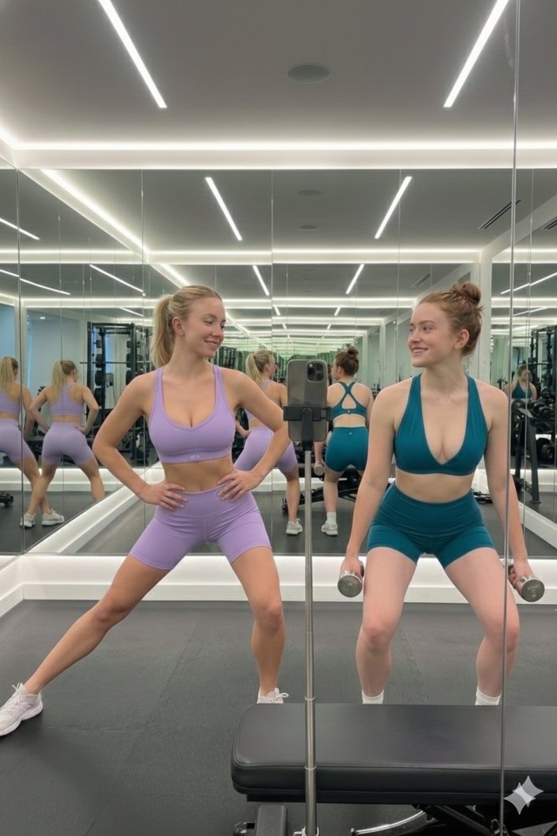 Mirror Selfie of Sydney Sweeney and Sadie Sink in a Gym — Nano Banana Pro AI Generated Image