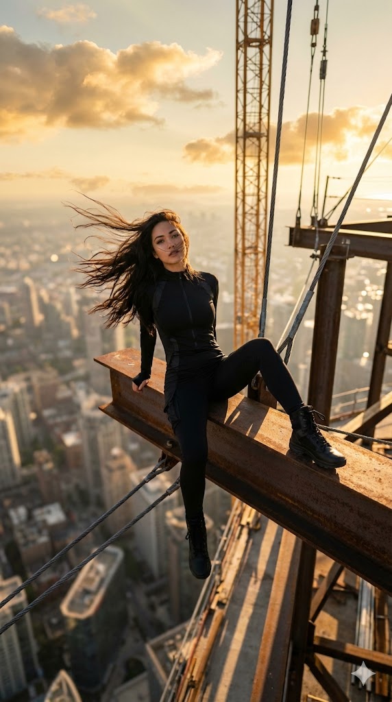 Extreme Height Urban Exploration Portrait at Sunset — Nano Banana Pro AI Generated Image