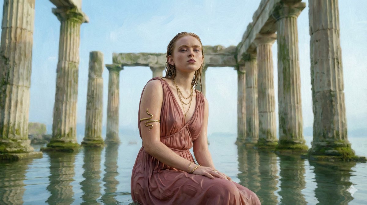 Cinematic Sadie Sink-Inspired Portrait in Flooded Ancient Ruins — Nano Banana Pro AI Generated Image