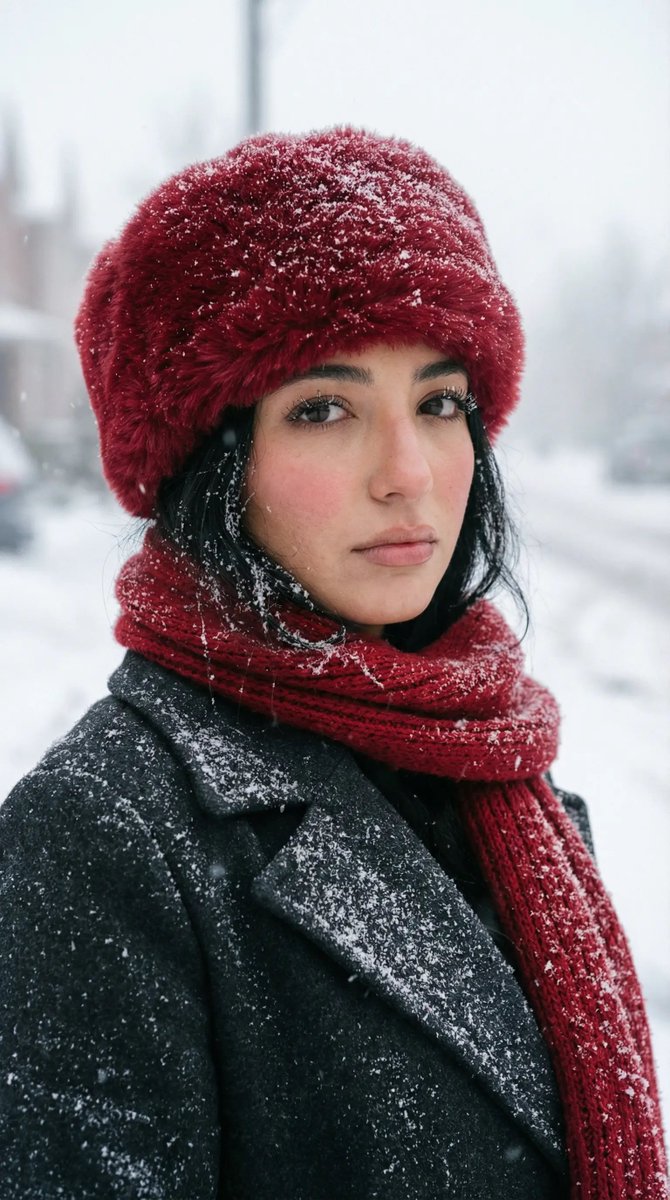 Photorealistic Winter Street Portrait with Red Accents — Nano Banana Pro AI Generated Image