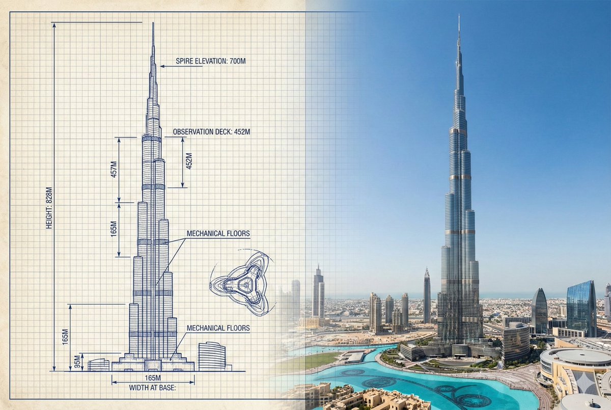 Burj Khalifa Technical Sketch and Real Photo Comparison — Nano Banana Pro AI Generated Image