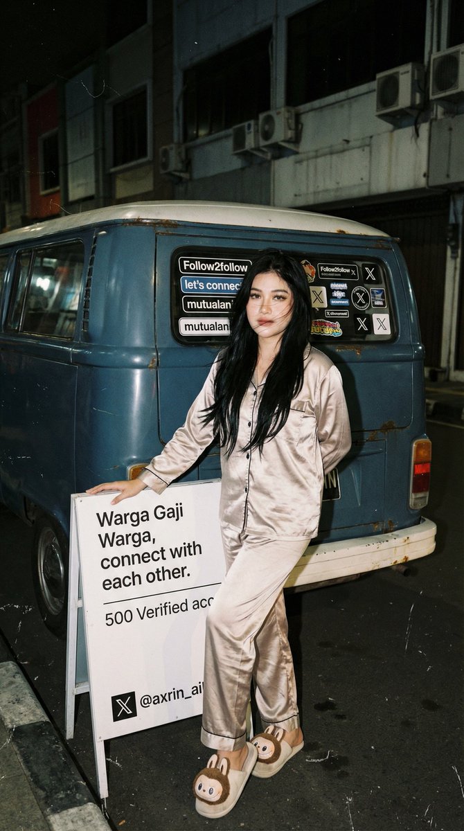 Analog 35mm Flash Photo of Woman by VW Combi Van at Night — Nano Banana Pro AI Generated Image