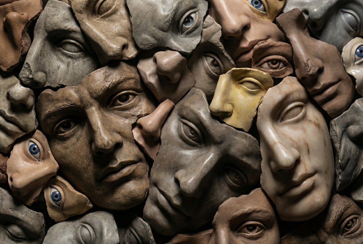 Hyperrealistic Sculptural Collage of Fragmented Faces — Nano Banana Pro AI Generated Image