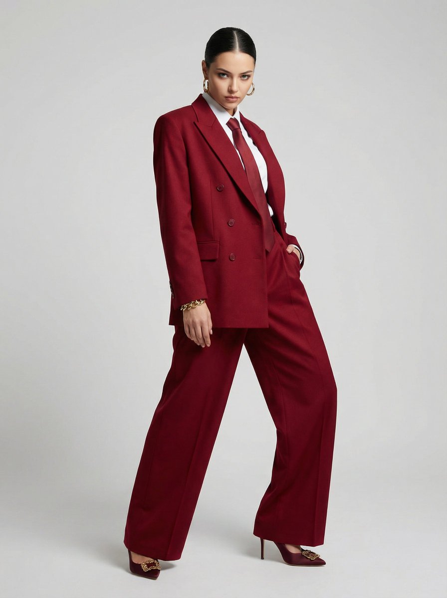 JSON Prompt for High-Fashion Editorial Portrait in Crimson Suit — Nano Banana Pro AI Generated Image