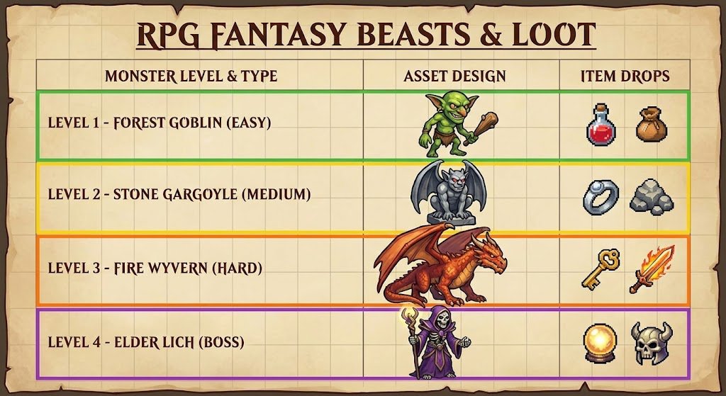 RPG Game Asset Sheet for Monsters — Nano Banana Pro AI Generated Image
