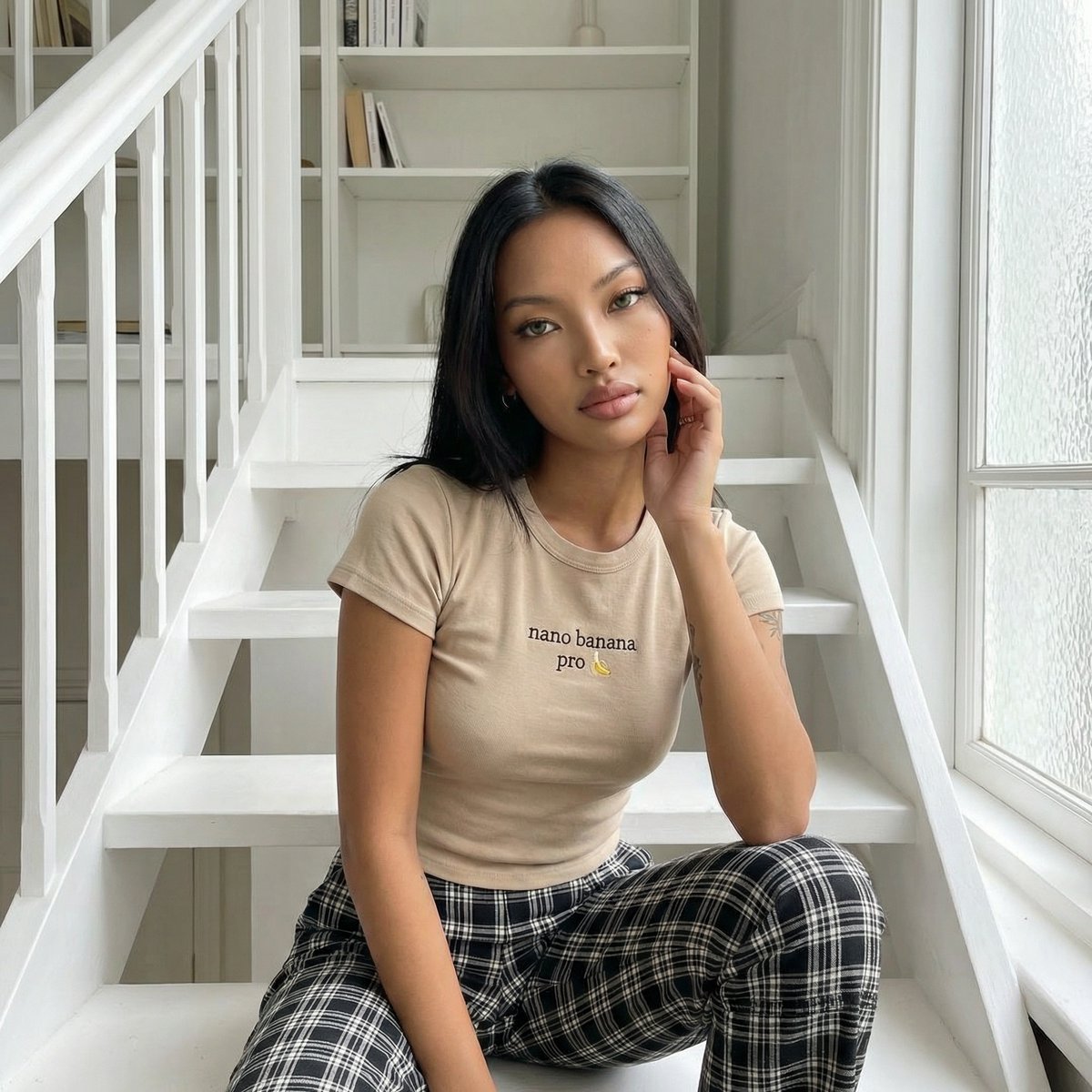 Editorial Portrait on Scandinavian Interior Stairs — Nano Banana Pro AI Generated Image