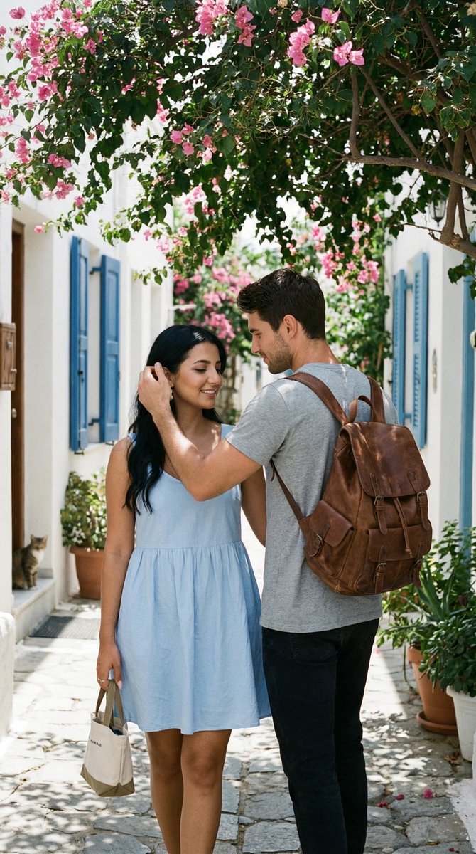 Ultra-Photorealistic Candid Travel Romance Scene: Aegean Stone Street — Nano Banana Pro AI Generated Image