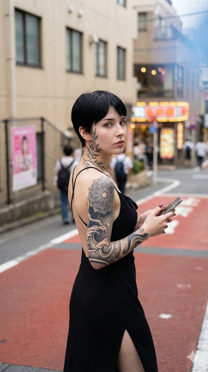 Photorealistic Snapshot of a Woman with Tattoos in a Japanese Urban Setting — Nano Banana Pro AI Generated Image